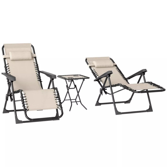 Northio - Gartenliege Set 3-TLG. Klappbar Sonnenliege mit Teetisch 2 Stühle Kopfkissen, Outdoor Liege wetterfest Relaxliege Liegestuhl aus Metall Strandliege für Garten, Terrasse 90x56x110 cm Beige Aosom, 80x100cm
