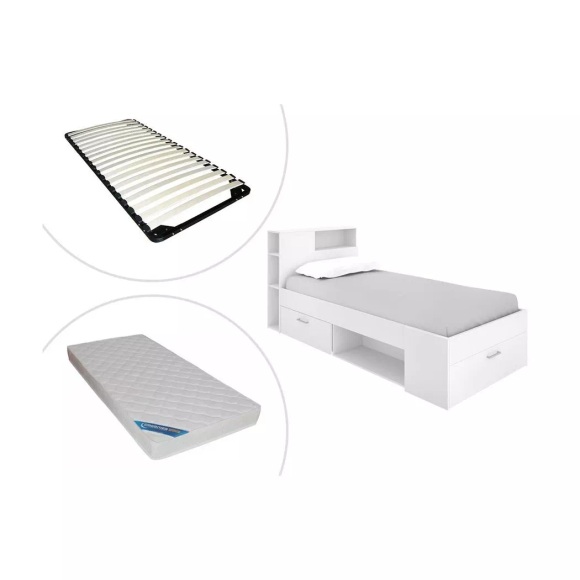 Bett mit Stauraum Schublade + Matratze + Lattenrost LEANDRE Bett mit Stauraum Schublade + Matratze + Lattenrost LEANDRE