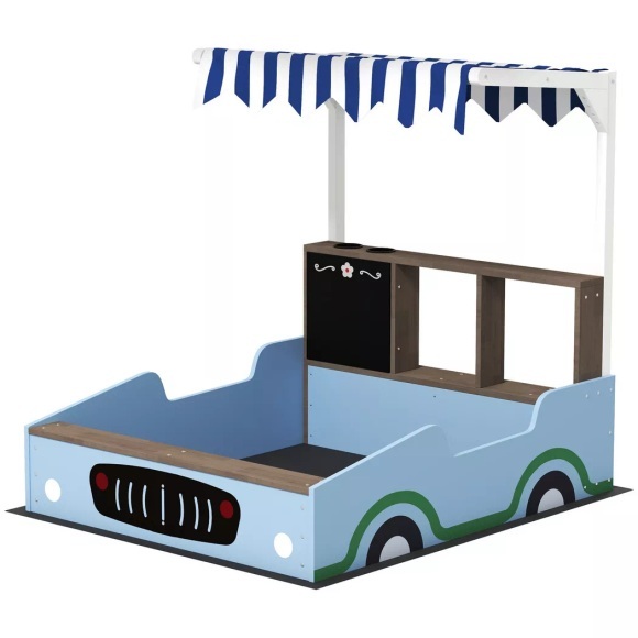 Northio - Sandkasten mit Dach, 90 x 108 cm Sandkiste aus Holz Sandbox Sitzbank, Zeichentafel, Pflanzkästen, Einkaufsladen-Design für 2 Kinder 3-7 Jahre Blau Aosom, 112cm