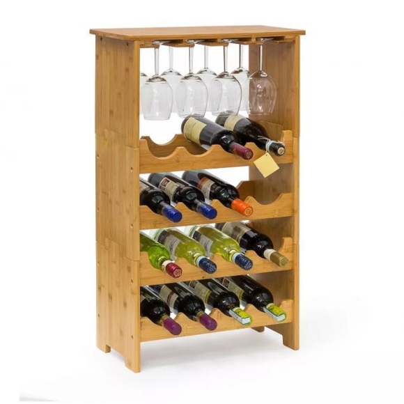 Weinregal aus Bambus für 16 Flaschen + 12 Gläser, Esszimmer, One Size