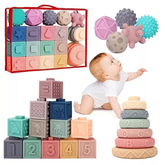 Activity-board - Weich Baby Bausteine, Motorikspielzeug Stapelwürfel Bauklötze, Stapelturm& Beißringe für, One Size, Multicolor