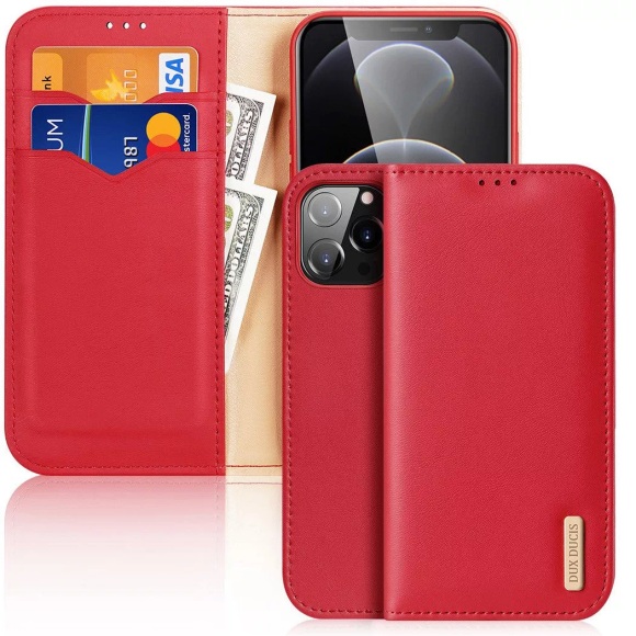 Dux Ducis - iPhone 13 Pro Max Flip Wallet Cover Echtleder Tasche (RFID Schutz) - Rot