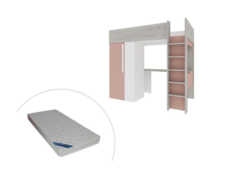 Hochbett mit Schreibtisch Kleiderschrank NICOLAS Rosa + Matratze Hochbett mit Schreibtisch Kleiderschrank NICOLAS Rosa + Matratze