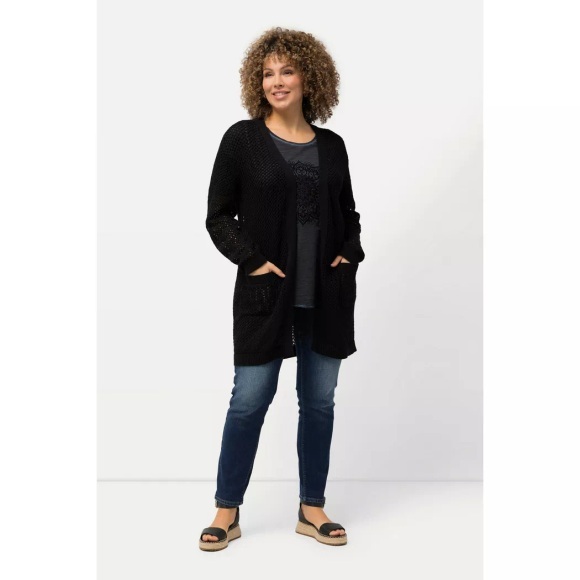 Ulla Popken - Long-Strickjacke, Netz-Optik, offene Form, V-Ausschnitt, 54/56, Schwarz