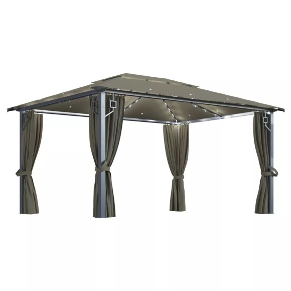 vidaXL Pavillon mit Vorhängen & LED-Lichterkette 400x300 cm Taupe Alu