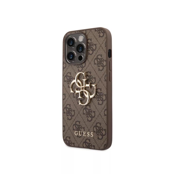 Guess - iPhone 14 Pro Leder Hardcase Hülle Metall Logo (GUHCP14L4GMGBR) - Braun / Gold