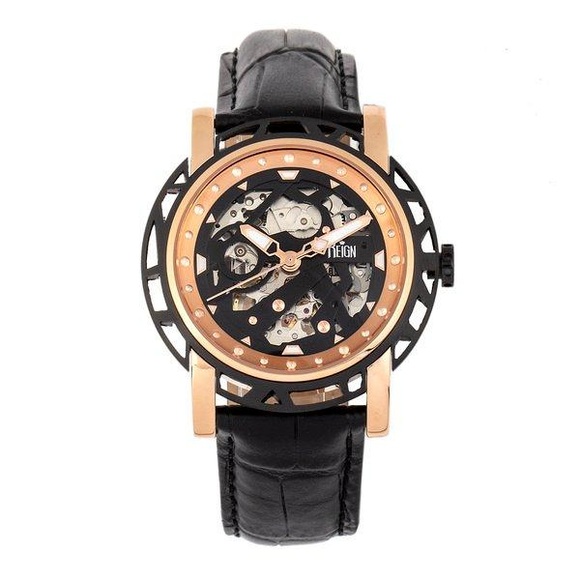 Reign - Automatik-Lederarmbanduhr Stavros - Schwarz und Roségold