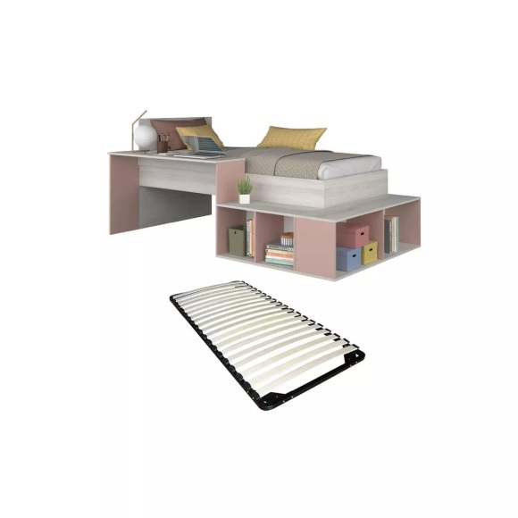 Kombi-Bett 90 x 200 cm mit Stauraum & Schreibtisch + Lattenrost - Holzfarben & Rosa - RIGALI Kombi-Bett 90 x 200 cm mit Stauraum & Schreibtisch + Lattenrost - Holzfarben & Rosa - RIGALI