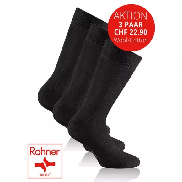 Rohner Socks Socken Wool and Cotton Schwarz 3er-Pack