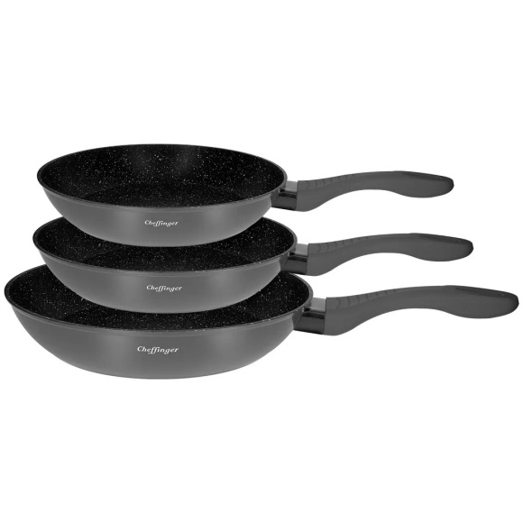 Cheffinger - 3er-Set Marmor beschichtete Pfannen, One Size, Schiefergrau