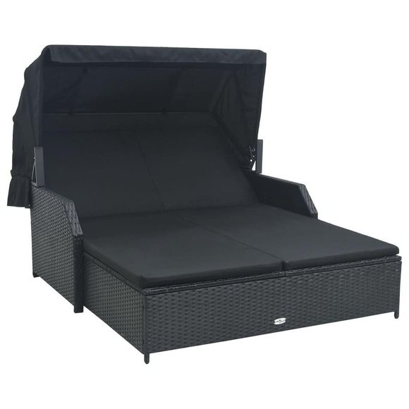 2-Personen-Sonnenliege mit Sonnendach Poly Rattan Grau