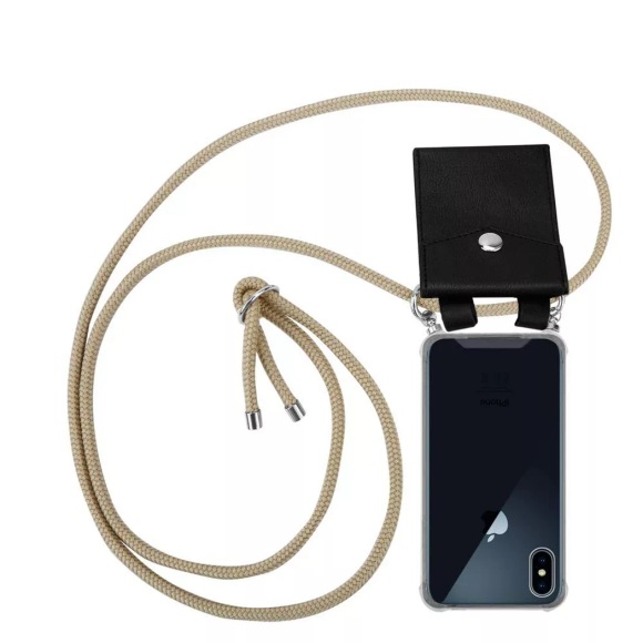 Cadorabo Handy Kette für Apple iPhone X / XS in GLÄNZEND BRAUN - Silikon Necklace Umhänge Hülle mit Silber Ringen, Kordel Band Schnur und abnehmbar...