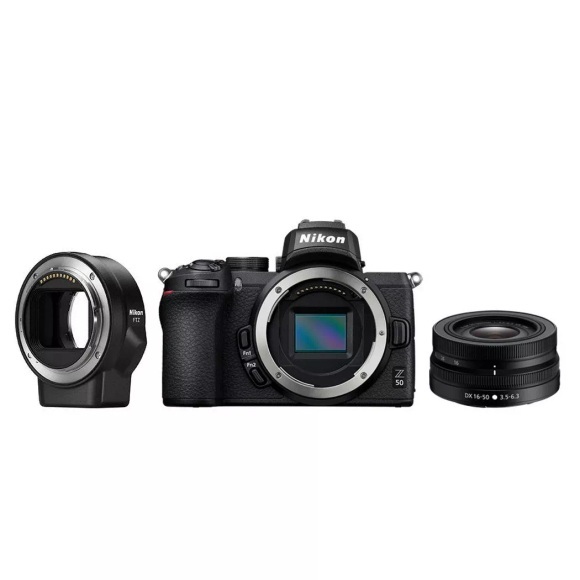 Nikon Z 50 Body + Nikkor Z DX 16-50 mm 1:3.5-6.3 VR + Bajonettadapter FTZ - Systemkamera (Fotoauflösung: 20.9 MP) Schwarz