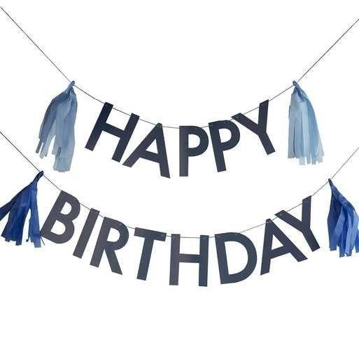 Blaue Happy Birthday Girlande mit Quasten