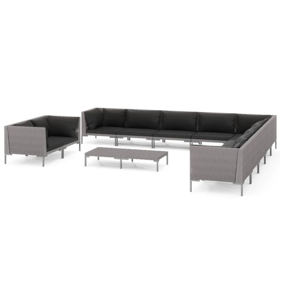 vidaXL 12-tlg. Garten-Lounge-Set mit Auflagen Poly Rattan Dunkelgrau