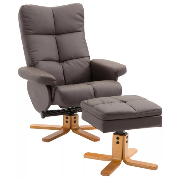 Northio - Relaxsessel mit Hocker und Stauraum Fernsehsessel Liegefunktion 360° drehbarer Sessel PU Holzgestell Braun 80 x 86 99cm
