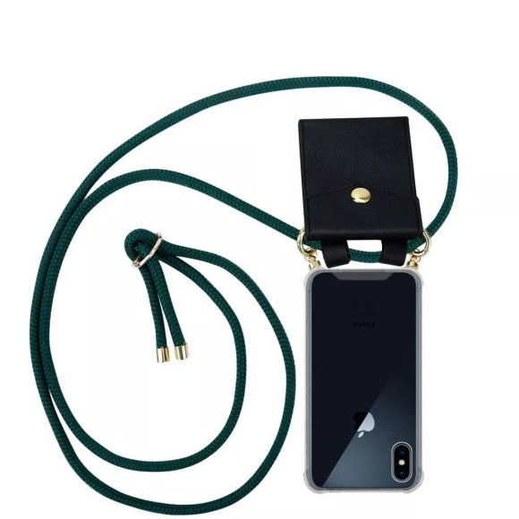 Cadorabo Handy Kette für Apple iPhone X / XS in ARMEE GRÜN - Silikon Necklace Umhänge Hülle mit Gold Ringen, Kordel Band Schnur und abnehmbarem Etu...