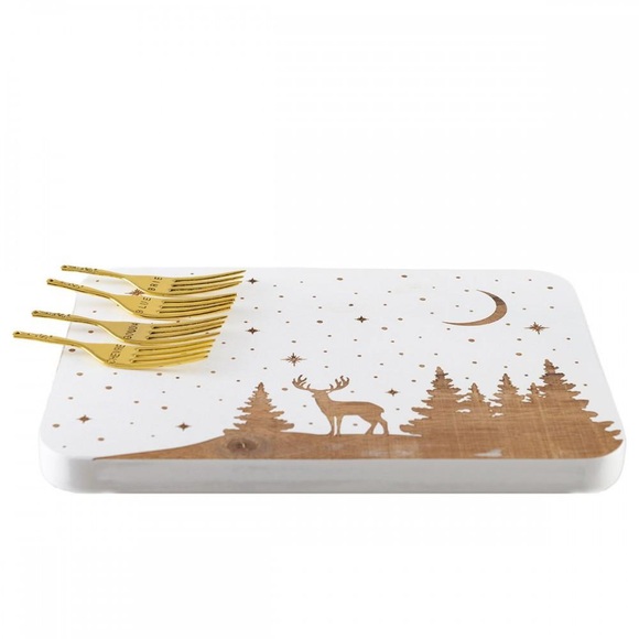 Rechteckiger Käseplatte Aus Holz Mit Hirschmotiv Und 4 Goldenen Gabeln Unisex ONE SIZE