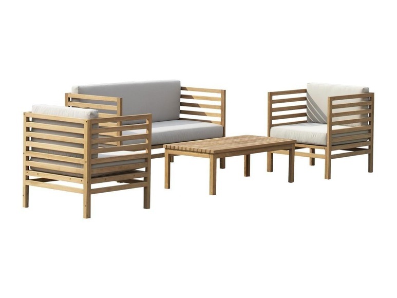 Garten Sitzgruppe: 1 Sofa 2-Sitzer + 2 Sessel + 1 Tisch - Teakholz - Holzfarben hell - JONAH Garten Sitzgruppe: 1 Sofa 2-Sitzer + 2 Sessel + 1 Tisch - Teakholz - Holzfarben hell - JONAH