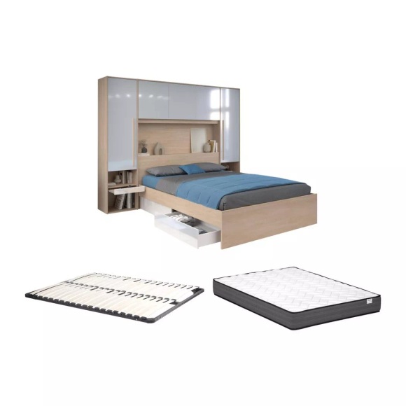 Bett mit Stauraum + Lattenrost + Matratze - 140 x 190 cm - Mit LED-Beleuchtung - Holzfarben & glänzend - VELONA Bett mit Stauraum + Lattenrost + Matratze - 140 x 190 cm - Mit LED-Beleuchtung - Holzfarben & glänzend - VELONA