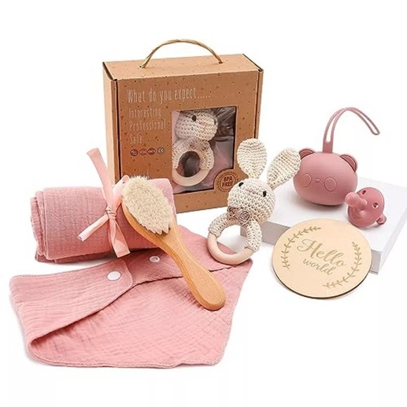 Activity-board - Baby Geschenk zur Geburt 7-in-1 Babygeschenke Badedusche Set Musselin Tuch, Lätzchen, Rassel, One Size, Pink