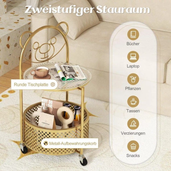 B2X - Beistelltisch Glas mit Rollen 2-stufiger Glastisch rund mit Bärenmuster, One Size, Weiss