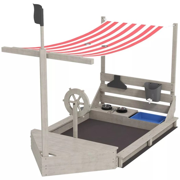 Northio - Sandkasten Sandkiste groß mit Abdeckung im Schiff Design Matschekiste aus Holz Segelschiff Spielhaus Küchenspielset Aufbewahrung für Kinder 3-7 Jahre Grau 180 x 103 144,5 cm Aosom, 120cm