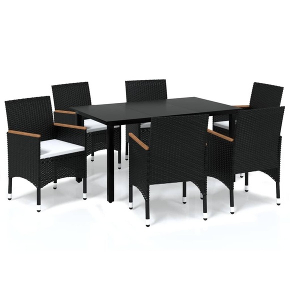 vidaXL 7-tlg. Garten-Essgruppe mit Kissen Poly Rattan Schwarz