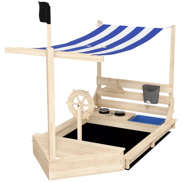 Northio - Sandkasten Groß Mit Abdeckung Schiff Design Sandbox, Holz, Küchenspielset, Für Kinder 3-7 Jahre, 180X103X144,5Cm, 120cm