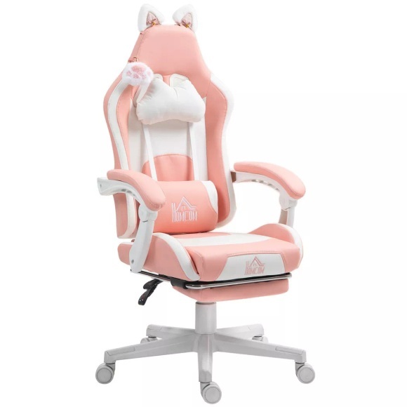 Northio - Gaming Stuhl Ergonomischer Gamer Stuhl mit Lendenwirbelstütze, Fußstütze, Gaming Sessel mit Katzenohren, Kopfkissen, Höhenverstellbar Bürostuhl mit Verstellbar Liegefunktion Rosa, 66 x 77 cm