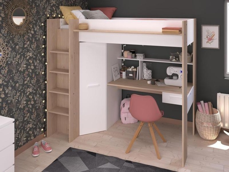 Hochbett mit Schreibtisch & Kleiderschrank - 90 x 200 cm - Weiß & Naturfarben - AUCKLAND Hochbett mit Schreibtisch & Kleiderschrank - 90 x 200 cm - Weiß & Naturfarben - AUCKLAND