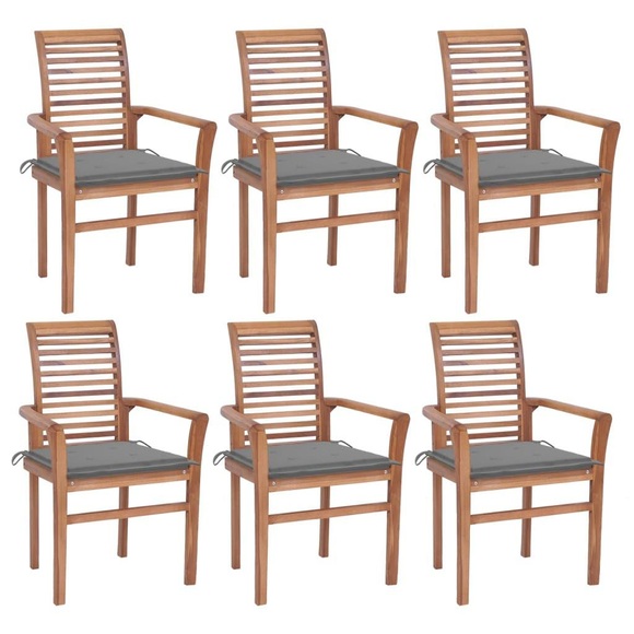 vidaXL Essstühle 6 Stk. mit Grauen Kissen Massivholz Teak