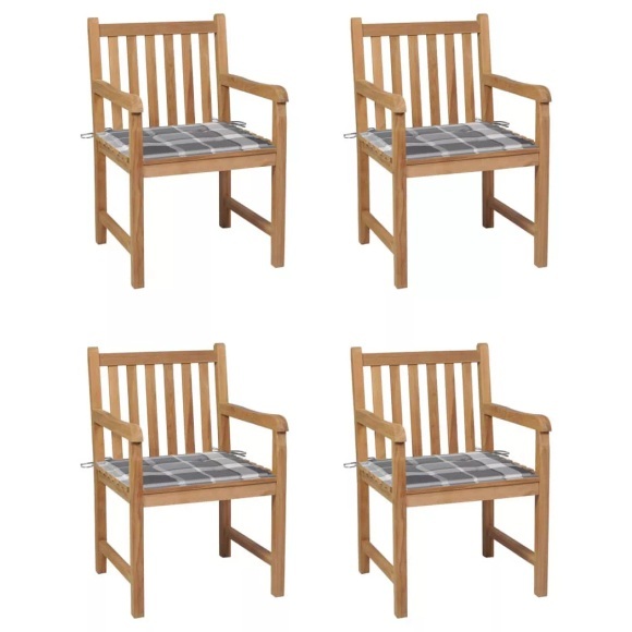 vidaXL Gartenstühle 4 Stk. Graue Karomuster-Kissen Massivholz Teak