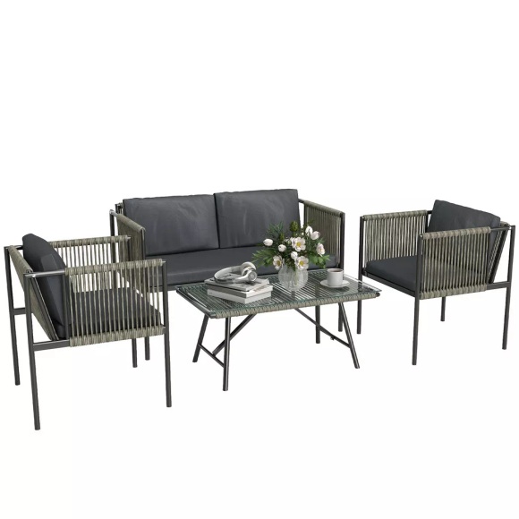 Northio - Gartenmöbel Set aus Polyrattan Lounge-Set mit 2er Sofa Sessel Glastisch Kissen wetterfest Balkonmöbel für 4 Personen Outdoor Sitzgruppe Terrassenmöbel für Garten Balkon Grau |, One Size