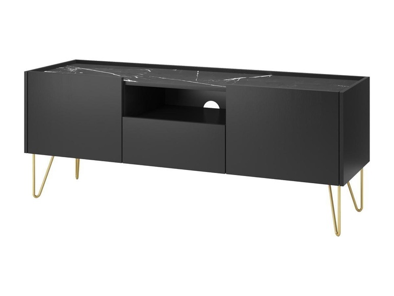 TV-Möbel mit 2 Türen, 1 Schublade und 1 Nische - Schwarz, er Marmor und goldener Effekt - PIOLUN TV-Möbel mit 2 Türen, 1 Schublade und 1 Nische - Schwarz, er Marmor und goldener Effekt - PIOLUN