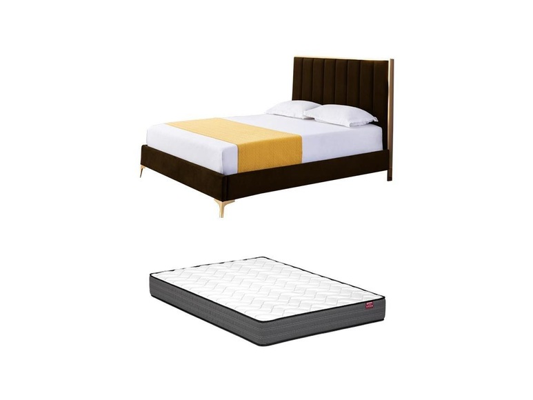 Bett mit Bettkopfteil + Matratze - 160 x 200 cm - Samt - Braun & Goldfarben - CLARISSE Bett mit Bettkopfteil + Matratze - 160 x 200 cm - Samt - Braun & Goldfarben - CLARISSE