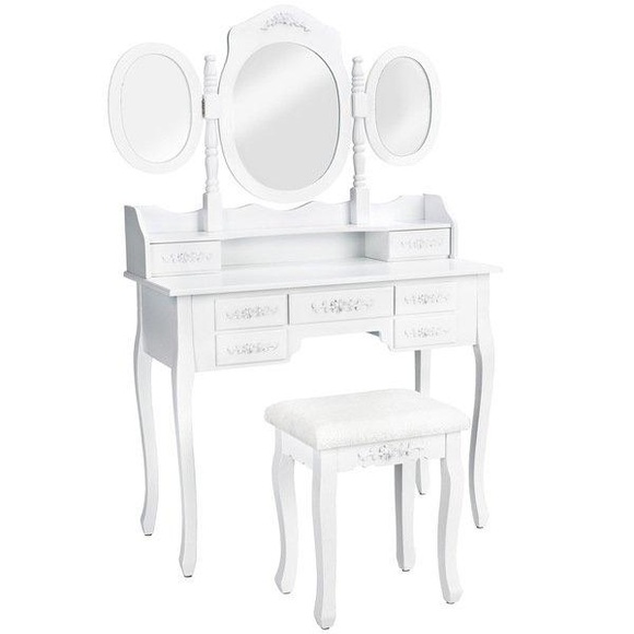 Schminktisch Mit 7 Schubladen, Spiegel Und Hocker Im Antik Look Unisex Weiss 90cm