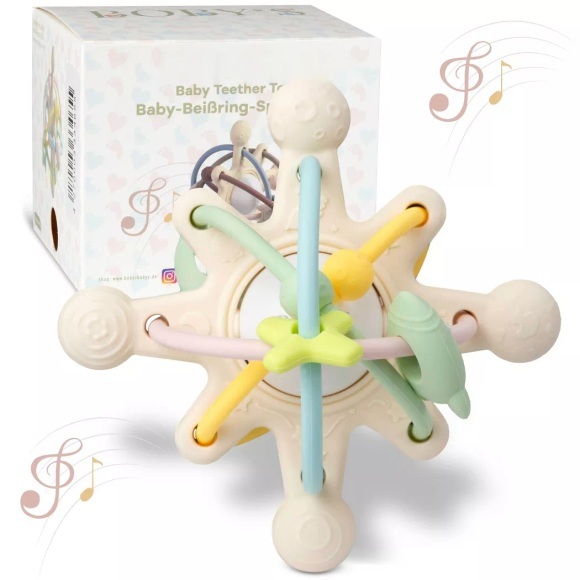 Activity-board - Sensorischer Baby-Beißring/Motorikspielzeug aus BPA-freiem Silikon/Beißhilfe für Baby und Rassel in einem, One Size, Multicolor