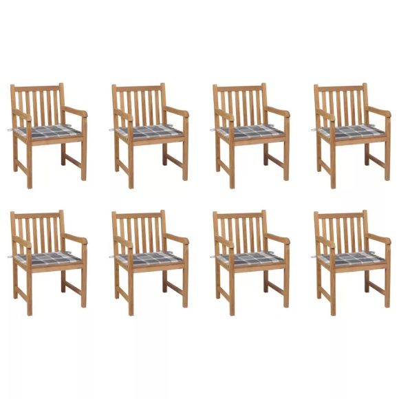 vidaXL Gartenstühle 8 Stk. Graue Karomuster-Kissen Massivholz Teak