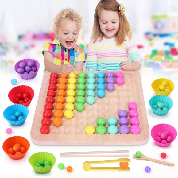 Activity-board - Regenbogenpuzzle Holzklammer Perlen Brettspiel, Mathe Lernspielzeug Farben sortieren, Multicolor