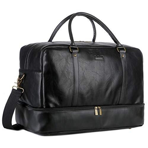 Groß Leder Reisetasche Handgepäck Travel Duffel Carry On Bag Weekender Tasche Mit Schuhfach Unisex Schwarz ONE SIZE