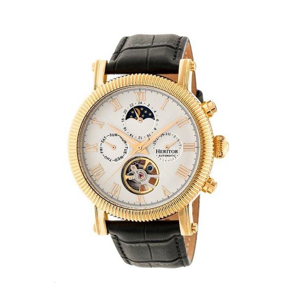 Heritor - Automatik-Lederarmbanduhr Winston - Schwarz und Gold