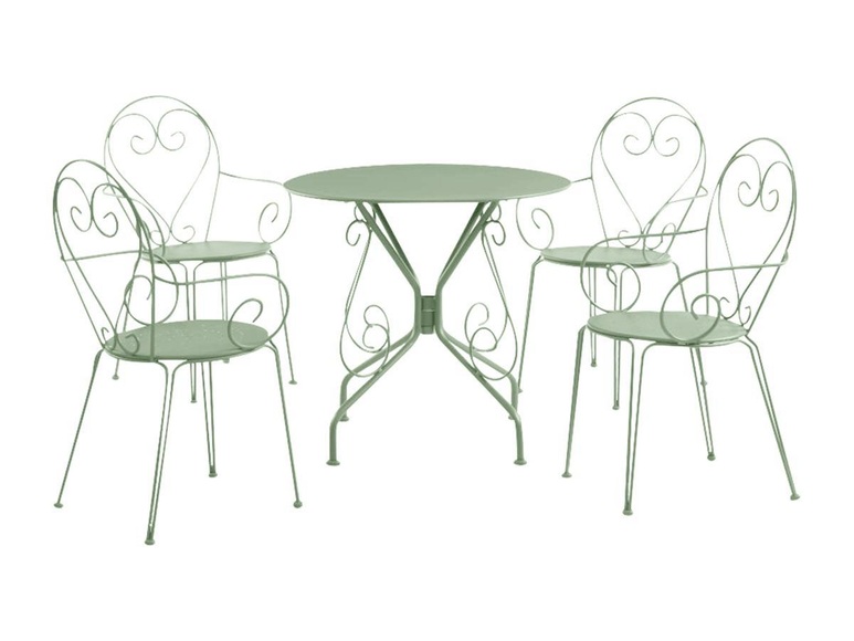 Garten Essgruppe: Tisch + 4 stapelbare Sessel - Metall in Eisenoptik - Grün - GUERMANTES Garten Essgruppe: Tisch + 4 stapelbare Sessel - Metall in Eisenoptik - Grün - GUERMANTES