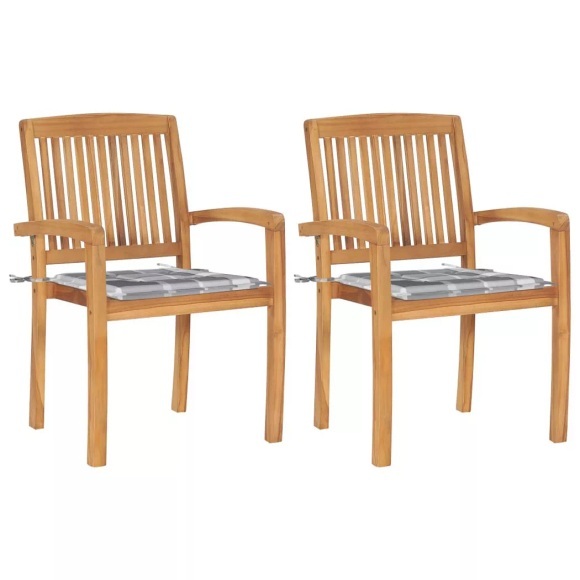 vidaXL Gartenstühle 2 Stk. Graue Karomuster Kissen Massivholz Teak