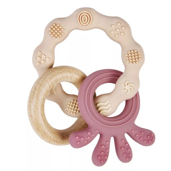 Beißring für Babys, Beißring-Spielzeug aus Silikon und Holzringen, Baby-Beißhilfe BPA-frei, schmerzlinderndes Beißzubehör Beige