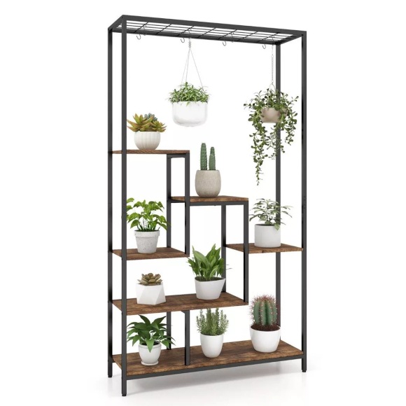 Northix - Pflanzenständer 6 Etagen 180 cm Pflanzenregal Metall mit 10 S-Haken Schwarz + Rustikales Braun, One Size