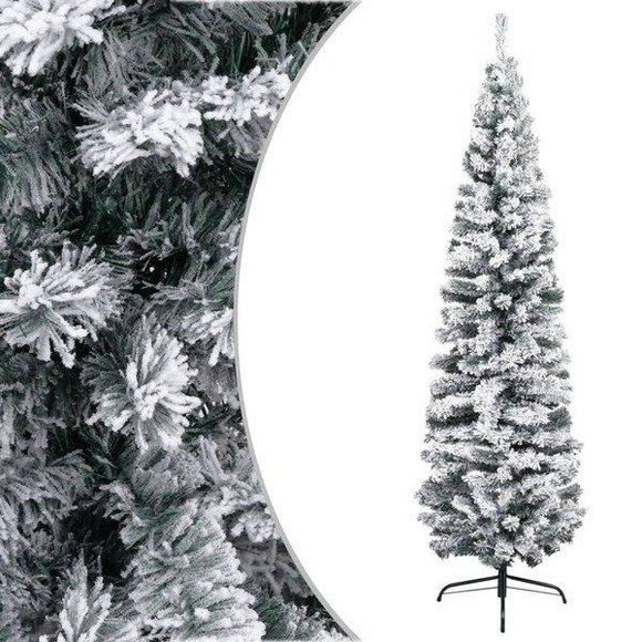 vidaXL Schlanker Künstlicher Weihnachtsbaum Beschneit Grün 210 cm PVC