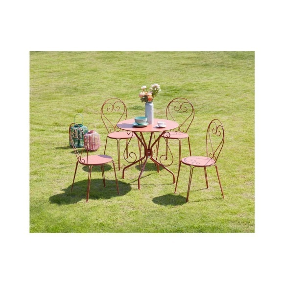 Garten Essgruppe: Tisch + 4 stapelbare Stühle - Metall in Eisenoptik - Terracotta - GUERMANTES Garten Essgruppe: Tisch + 4 stapelbare Stühle - Metall in Eisenoptik - Terracotta - GUERMANTES
