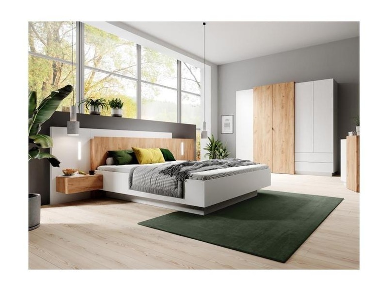 Bett mit Nachttischen FRANCOLI 2 Schubladen mit LEDs Eiche Bett mit Nachttischen FRANCOLI 2 Schubladen mit LEDs Eiche