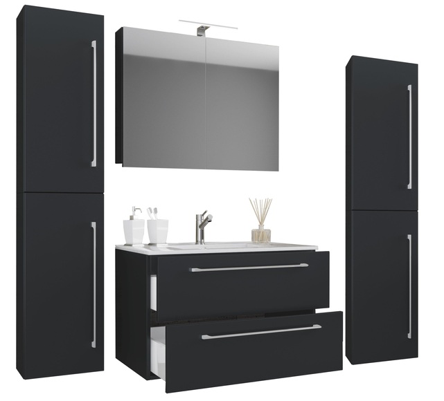 MID.YOU Badezimmer 146 cm , 5Tlg-Badinos , Schwarz , Metall , 2,2 Schubladen , 146 cm , melaminharzbeschichtet,Nachbildung , hängend , 000657023325